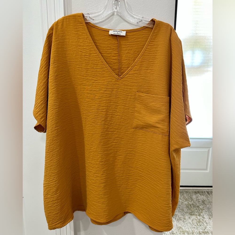 Zenana size large gold color polyester loose fit pocket blouse
